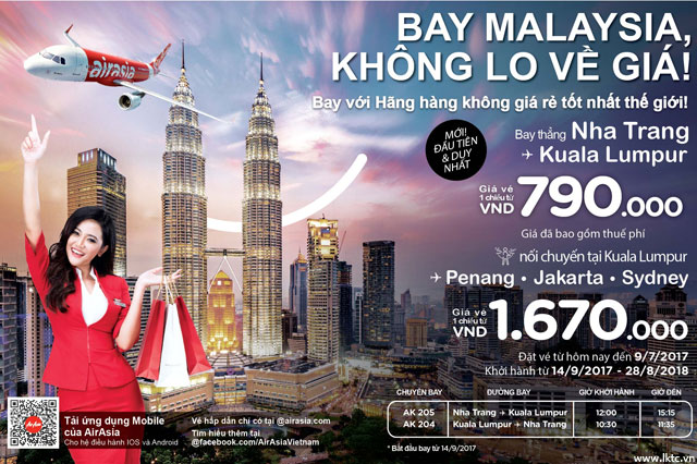 Air Asia mở đường bay thẳng từ Nha Trang đi Kuala Lumpur